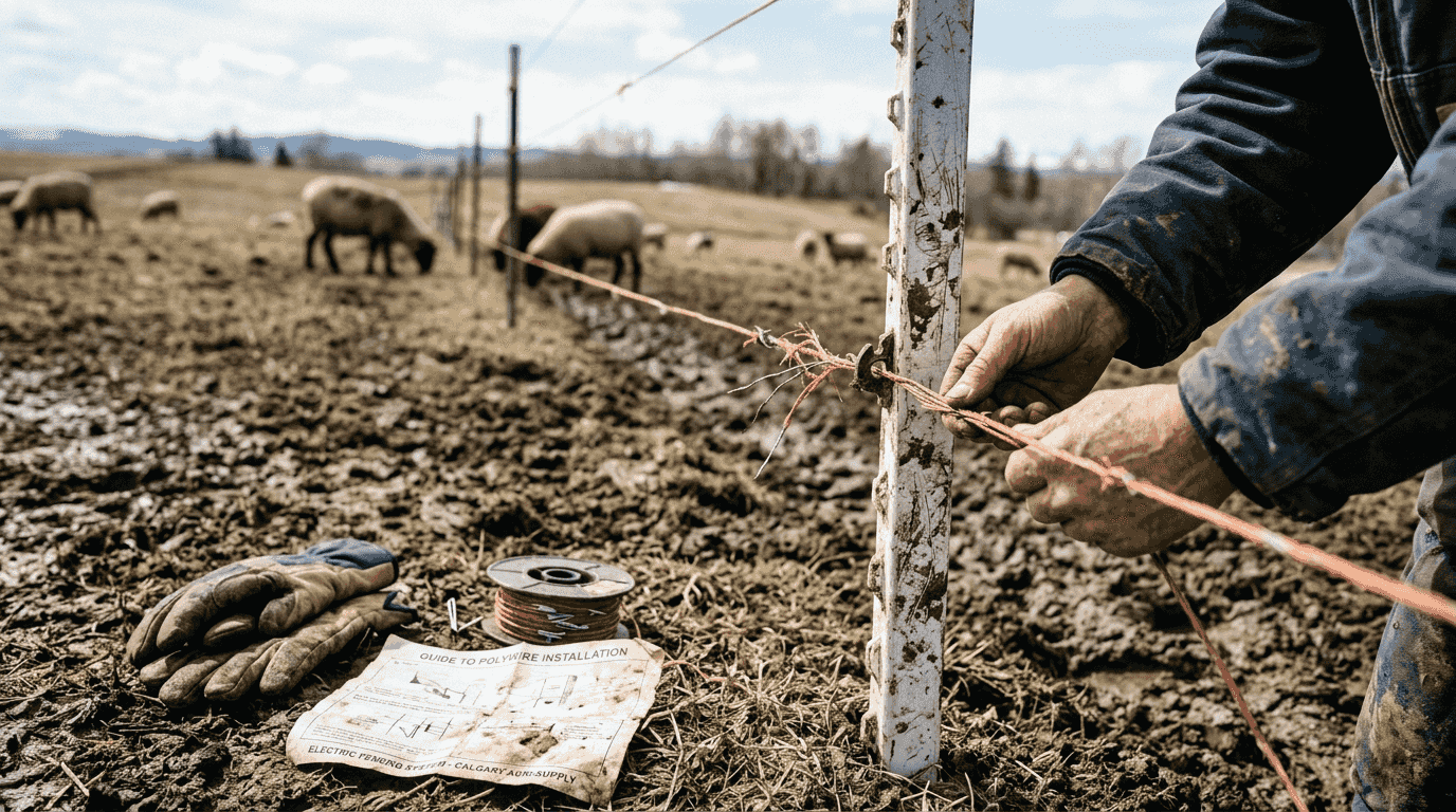 Hands installing polywire sheep fence
