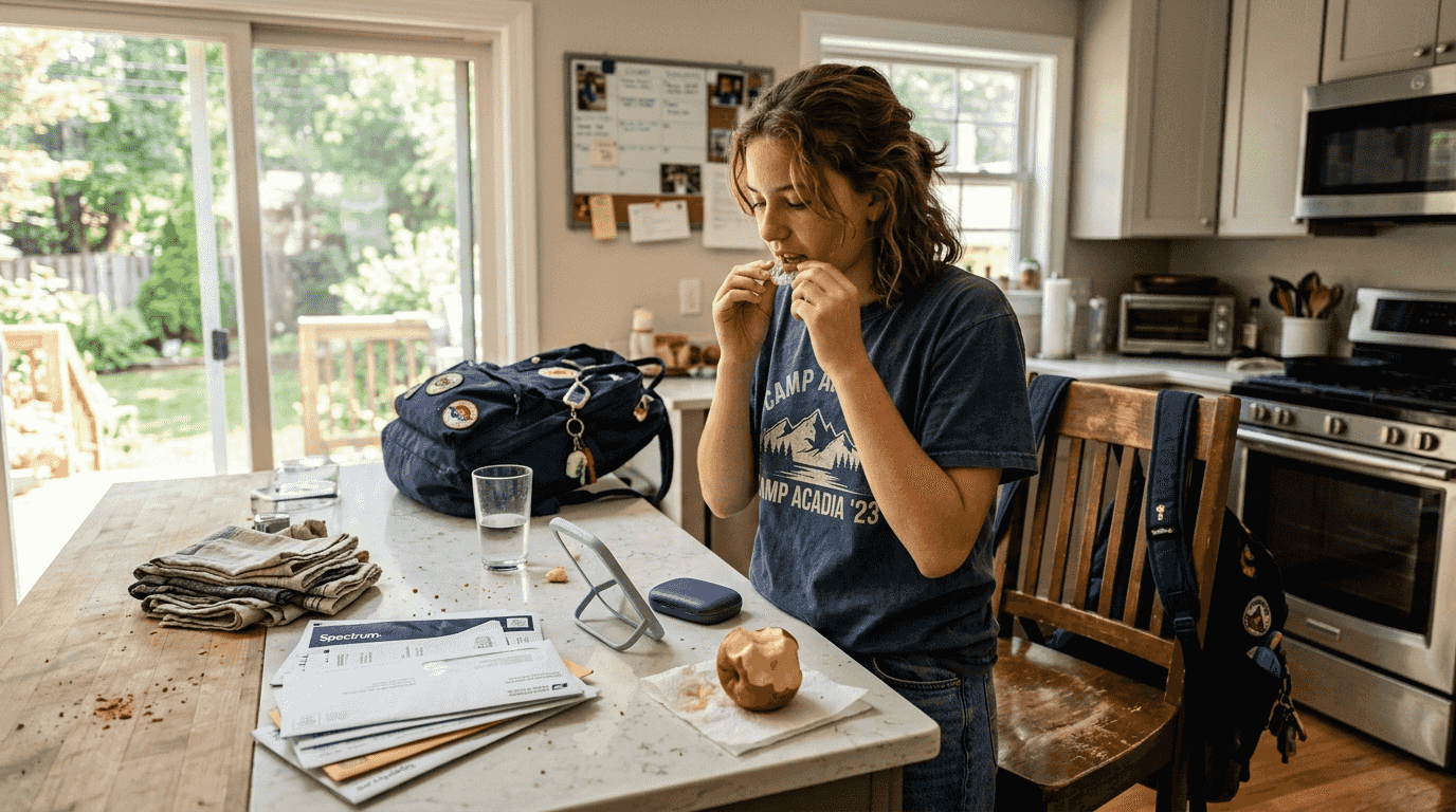 Teen removes Invisalign aligners at kitchen island