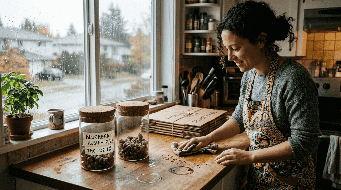 Reusable cannabis jars on home kitchen counter