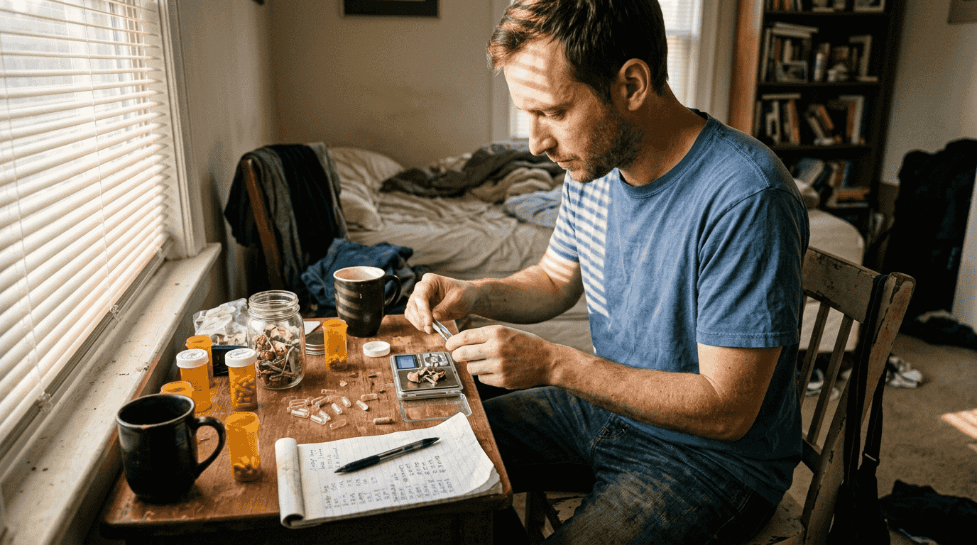 Man measuring microdosing capsules at home desk