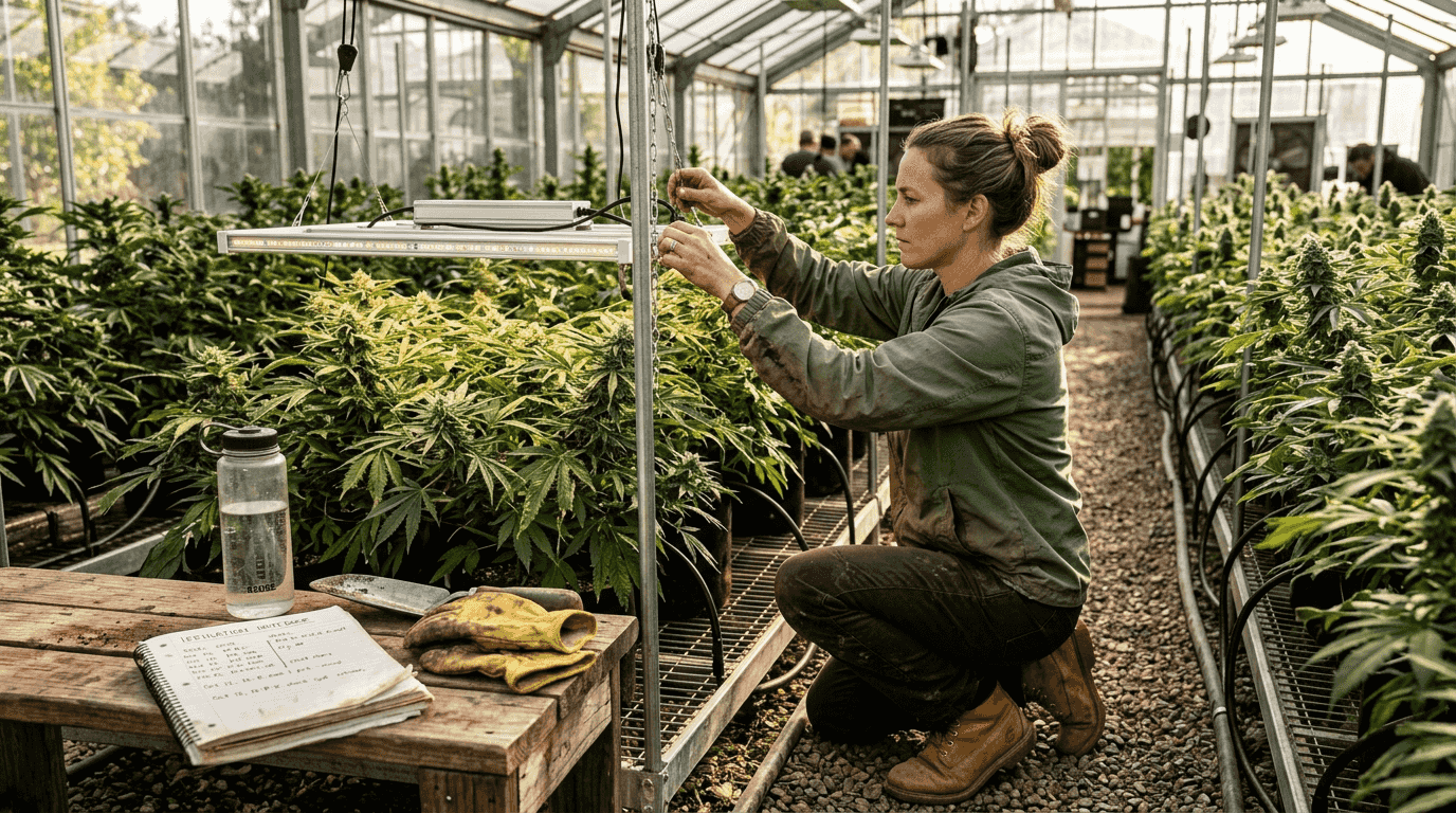 Horticulturist adjusting LED lights in greenhouse