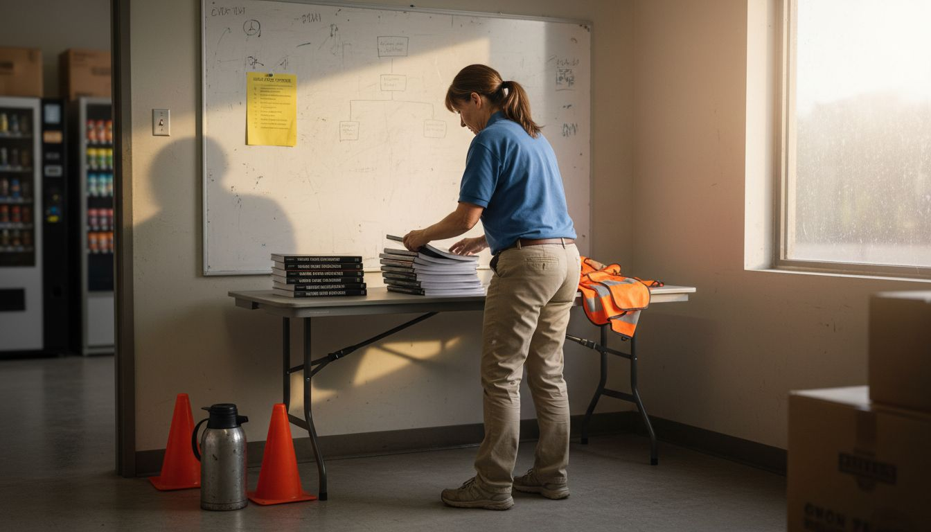 Safety trainer preparing forklift training materials