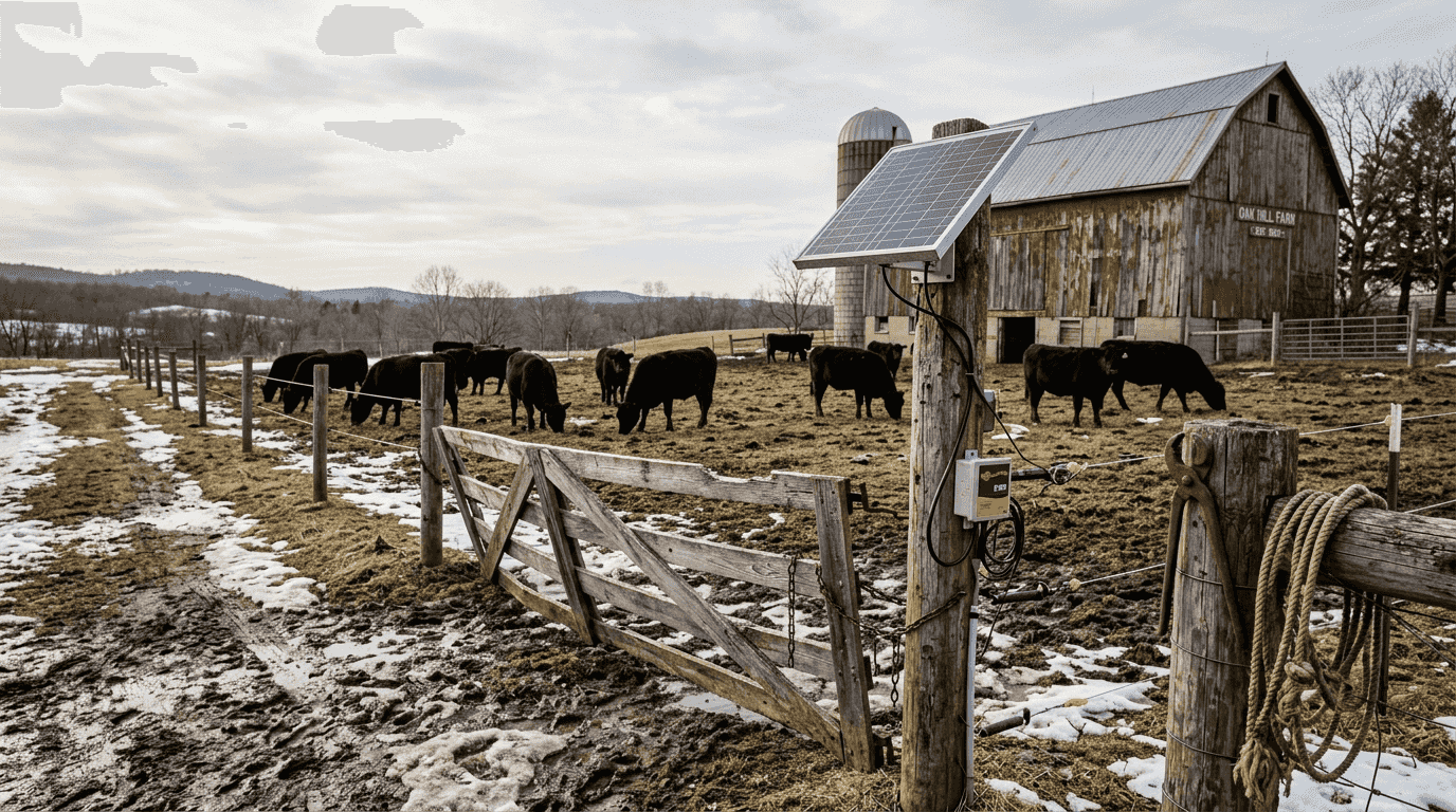 Cattle grazing behind solar powered fence