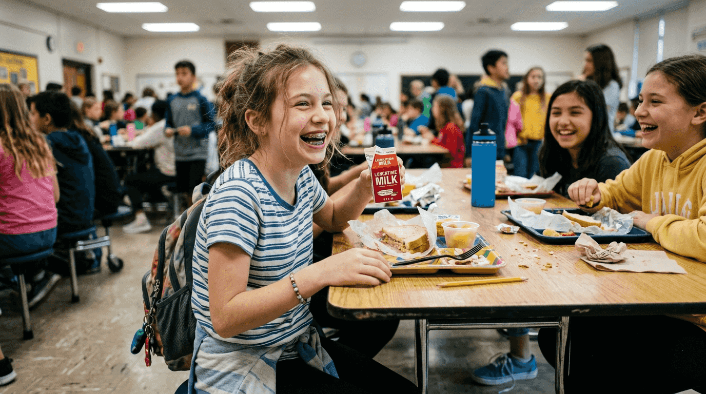 Girl with metal braces at school lunch table