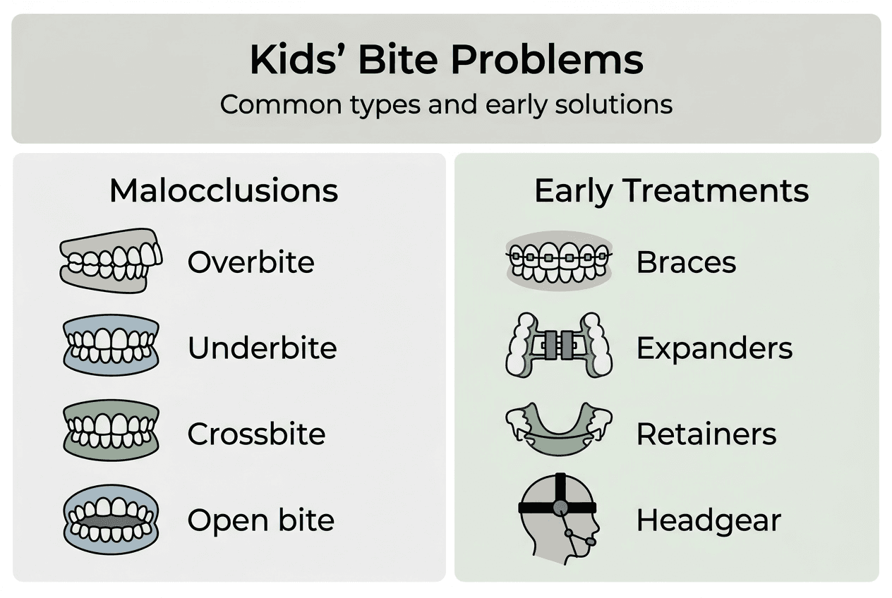 Infographic showing types of malocclusion and treatments