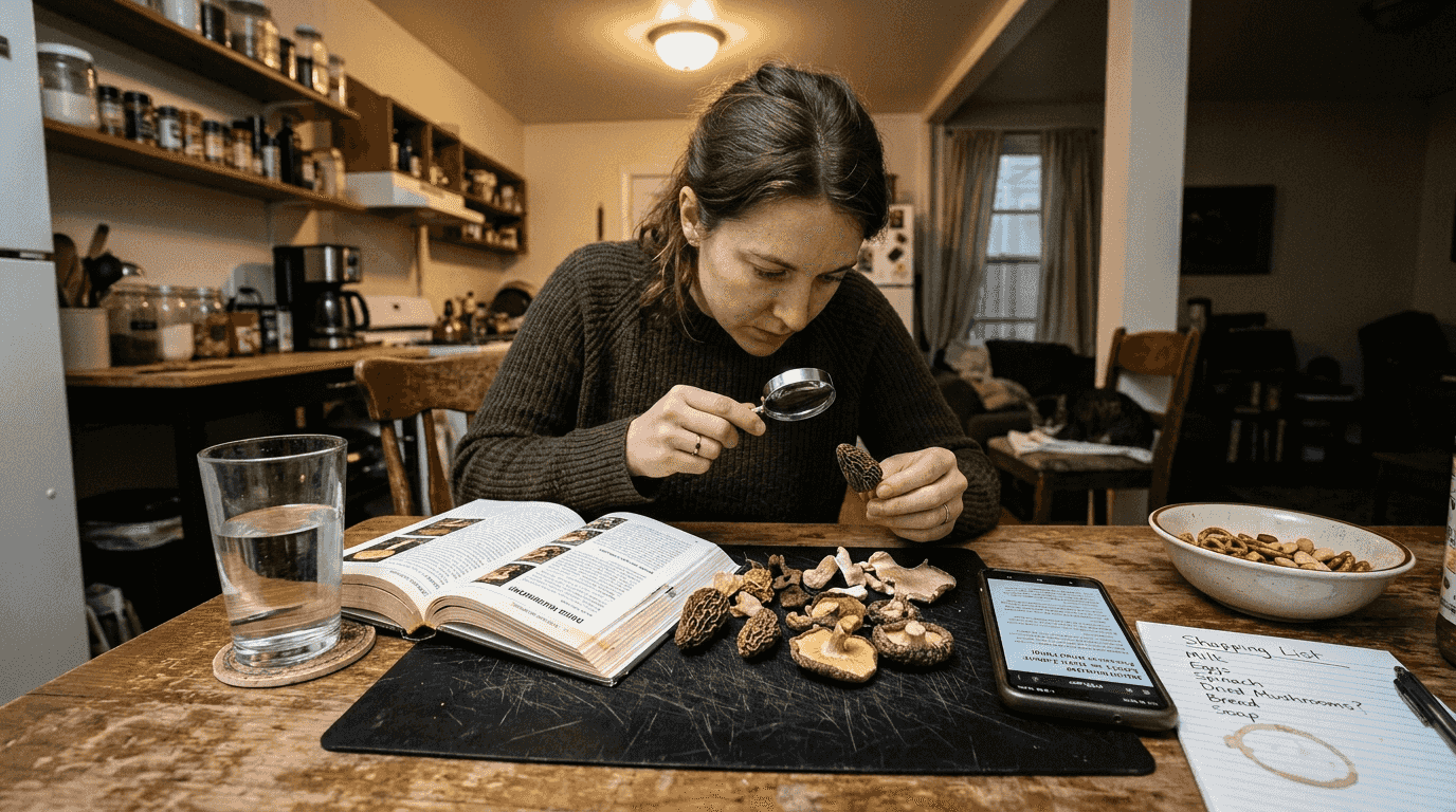 Person verifying safety of dried mushrooms at home