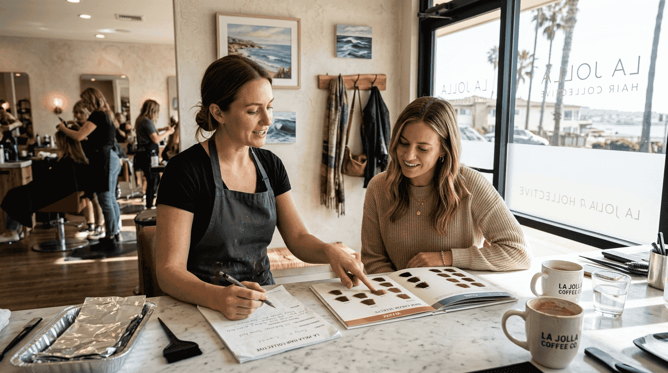 Colorist consulting client in sunny salon setting