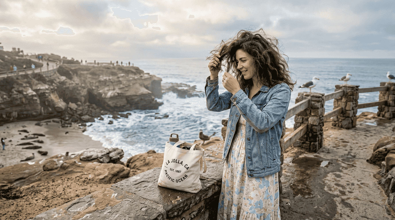 Woman battling frizzy hair near La Jolla Cove