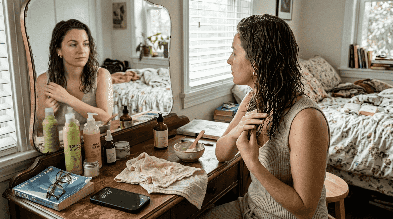Applying deep conditioner at bedroom vanity