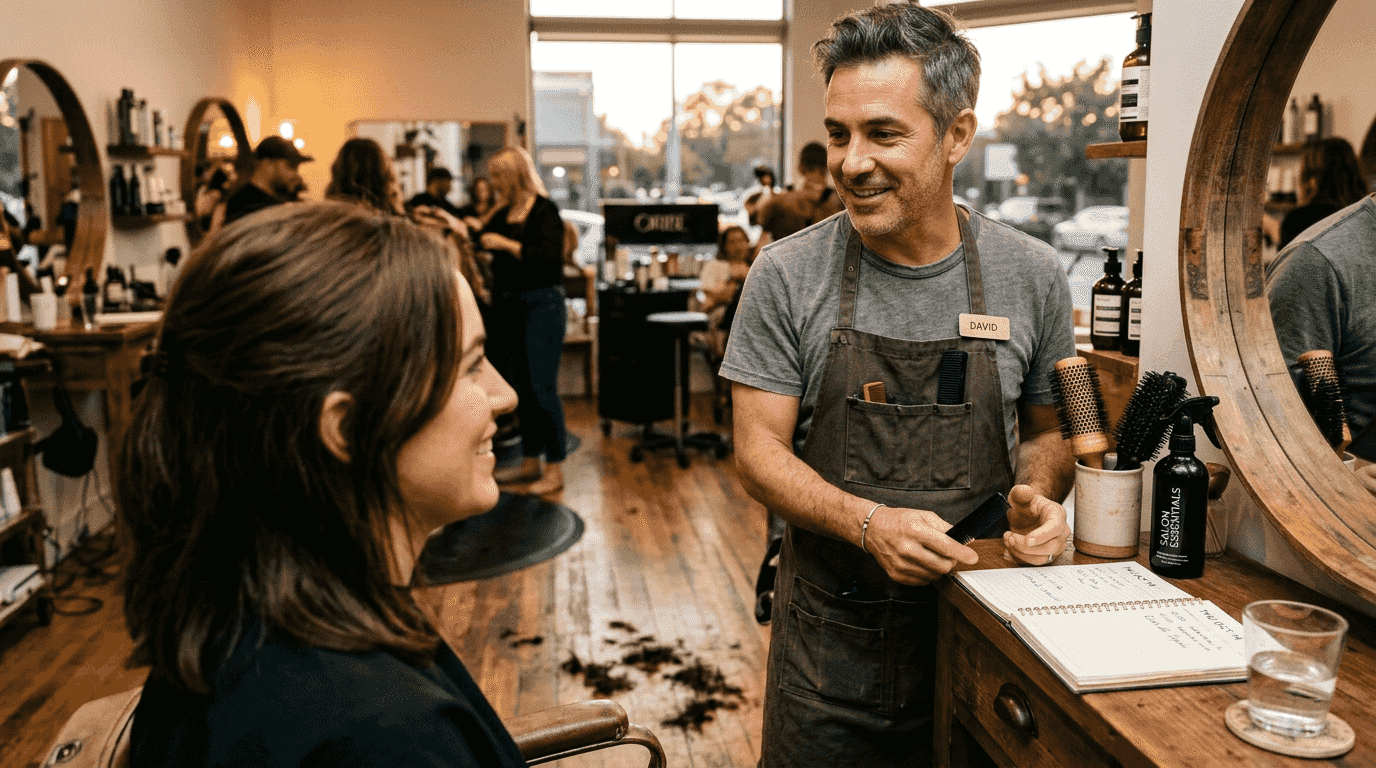Stylist and client discussing hairstyle consultation