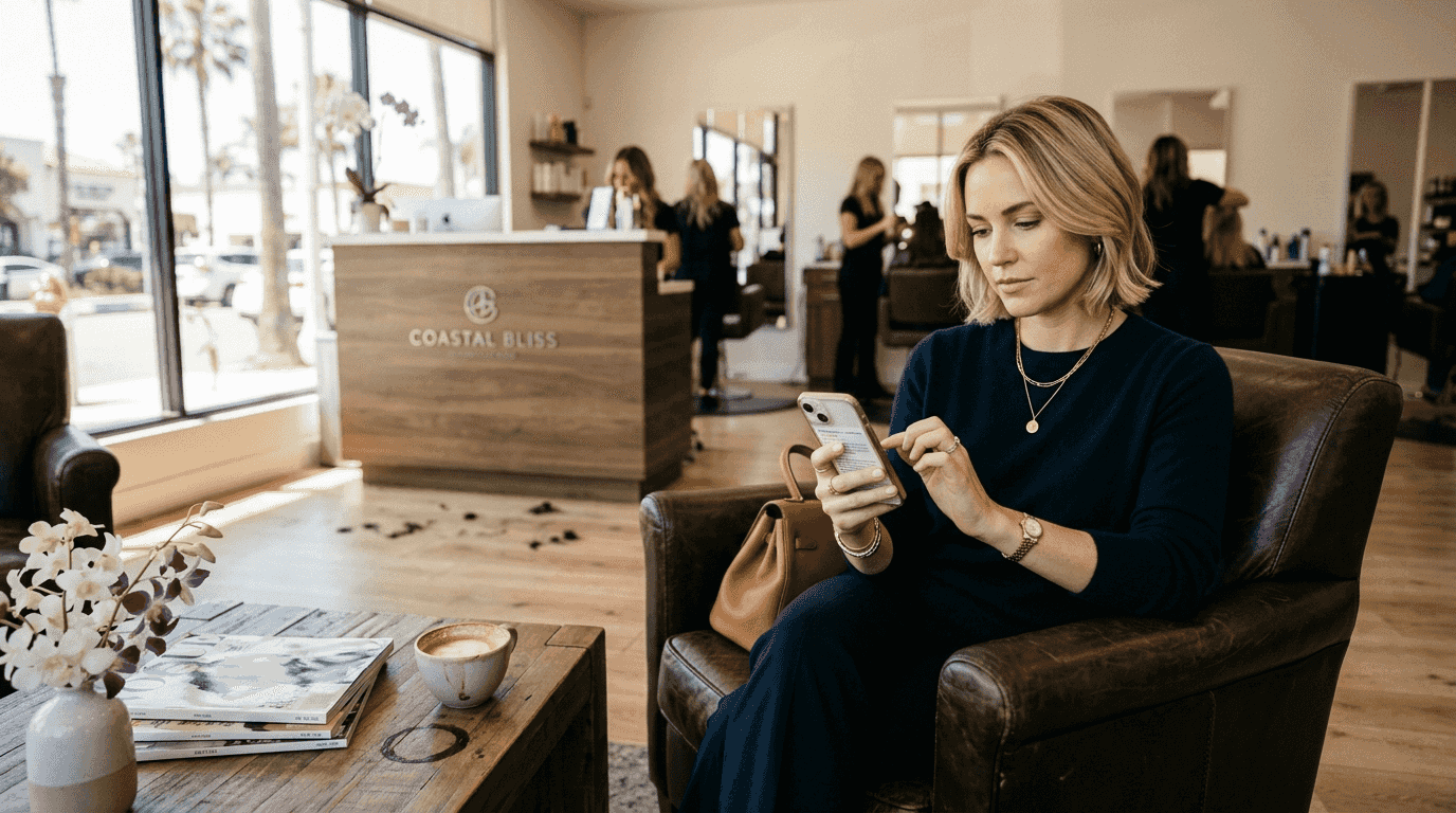 Client reading online reviews in upscale salon