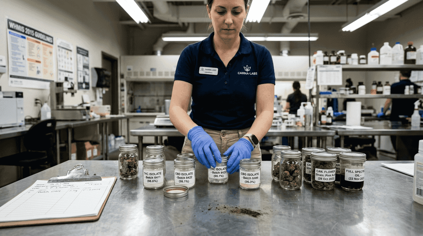 Jars labeled THC, CBD, CBG on lab table