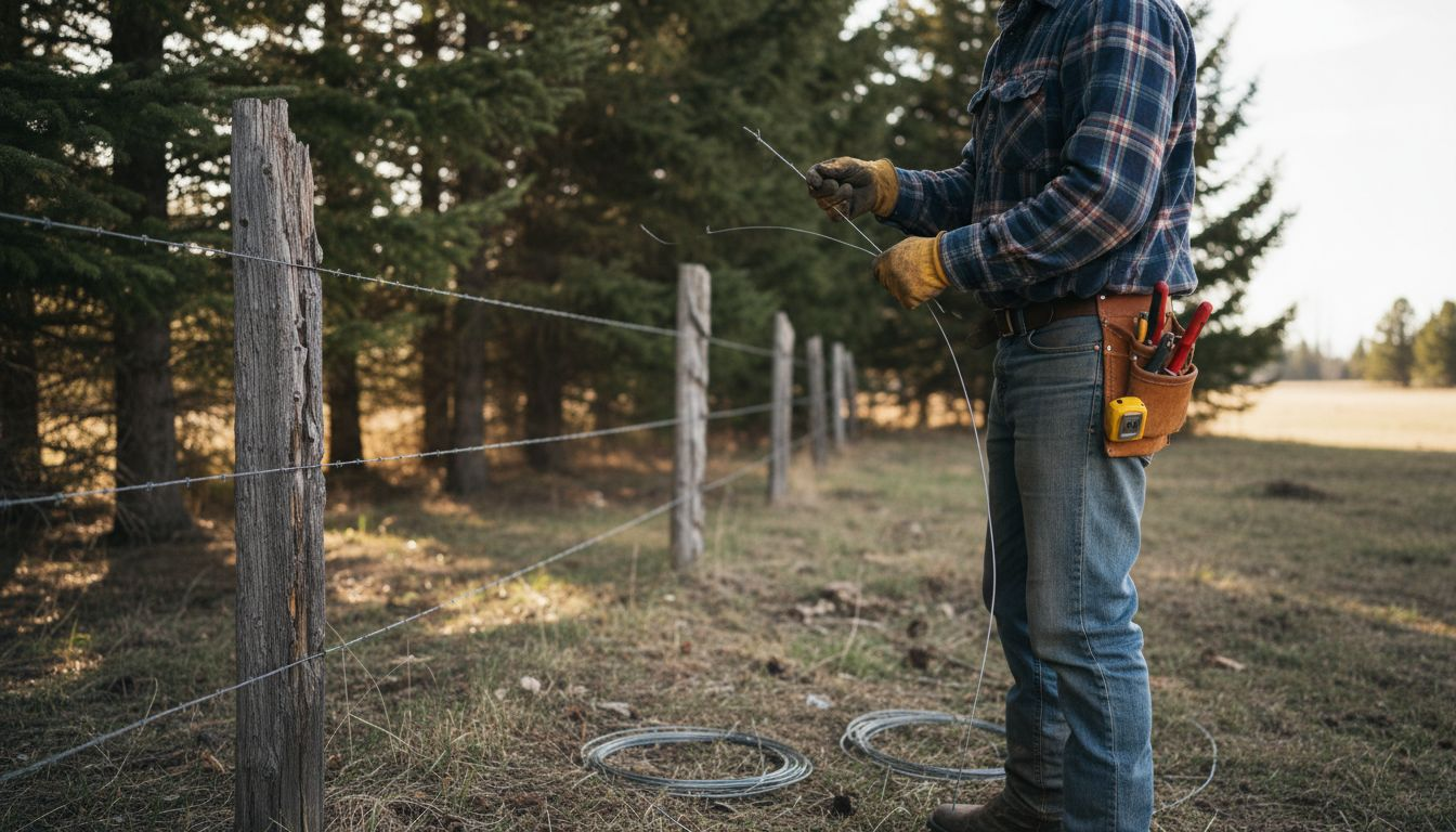Worker checking smooth wire farm fence