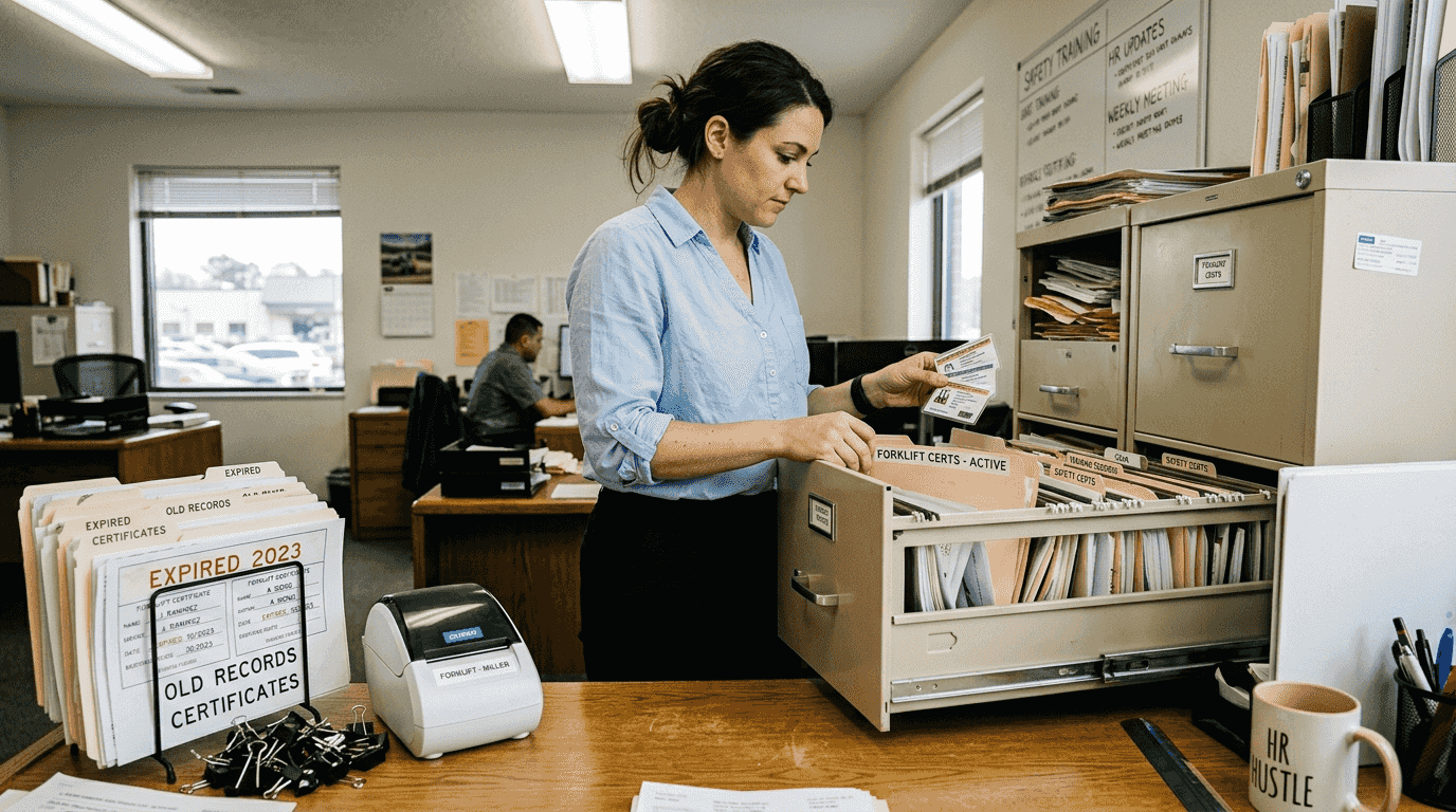 HR specialist organizing forklift certificates