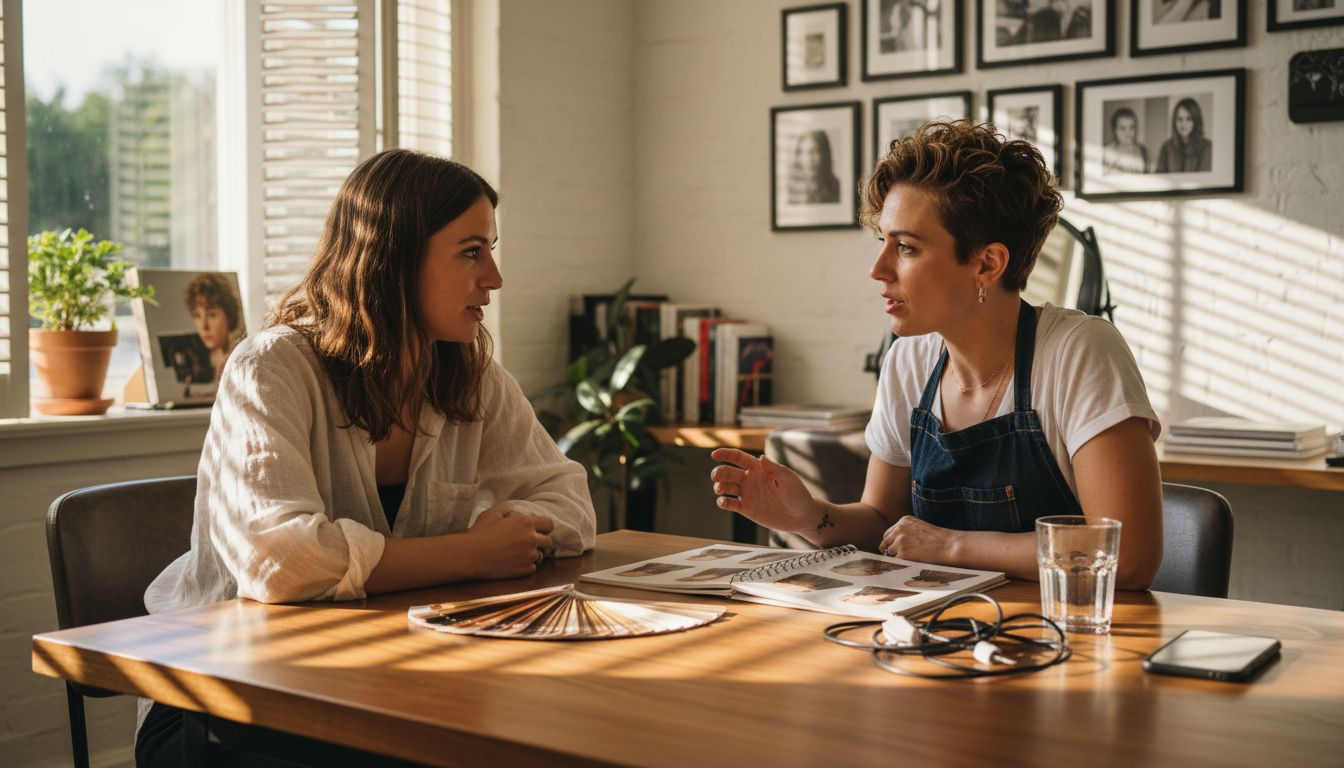 Hairstylist consulting with client using color swatches
