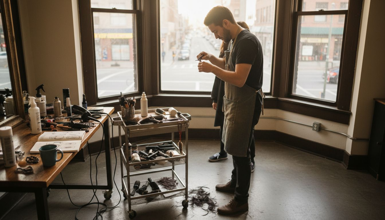 Hair artist styling client in airy loft salon
