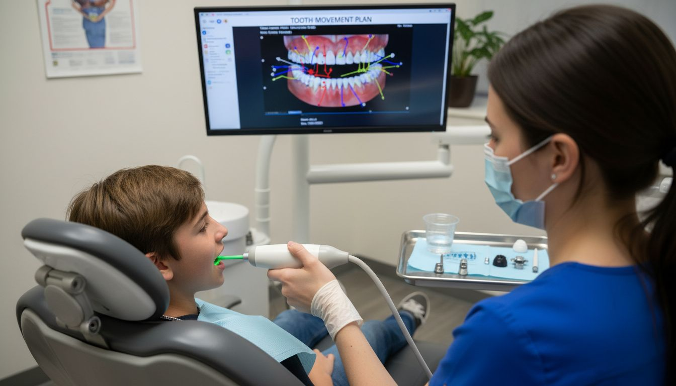 Dental assistant using 3D scanner on teen