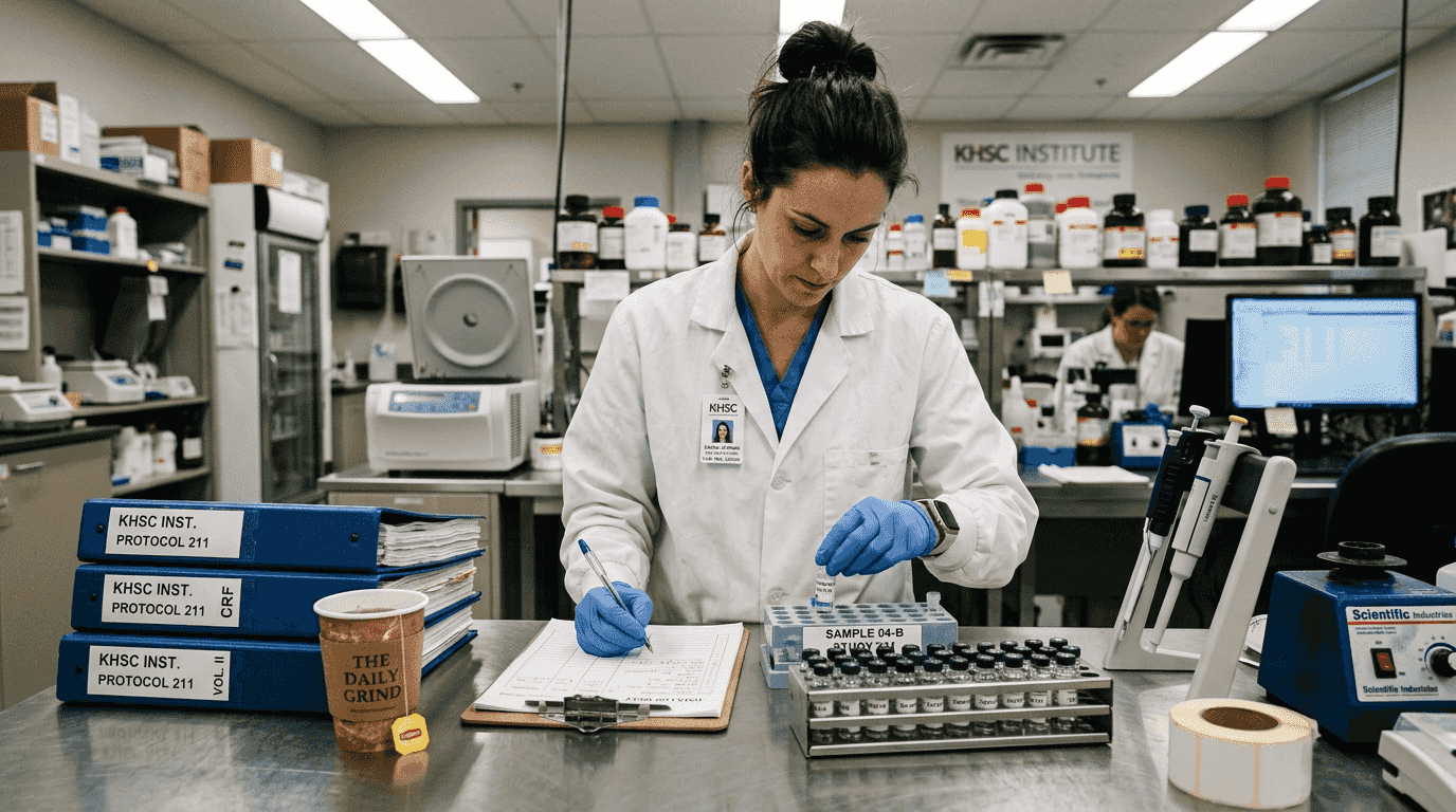 Clinical researcher preparing psilocybin study materials