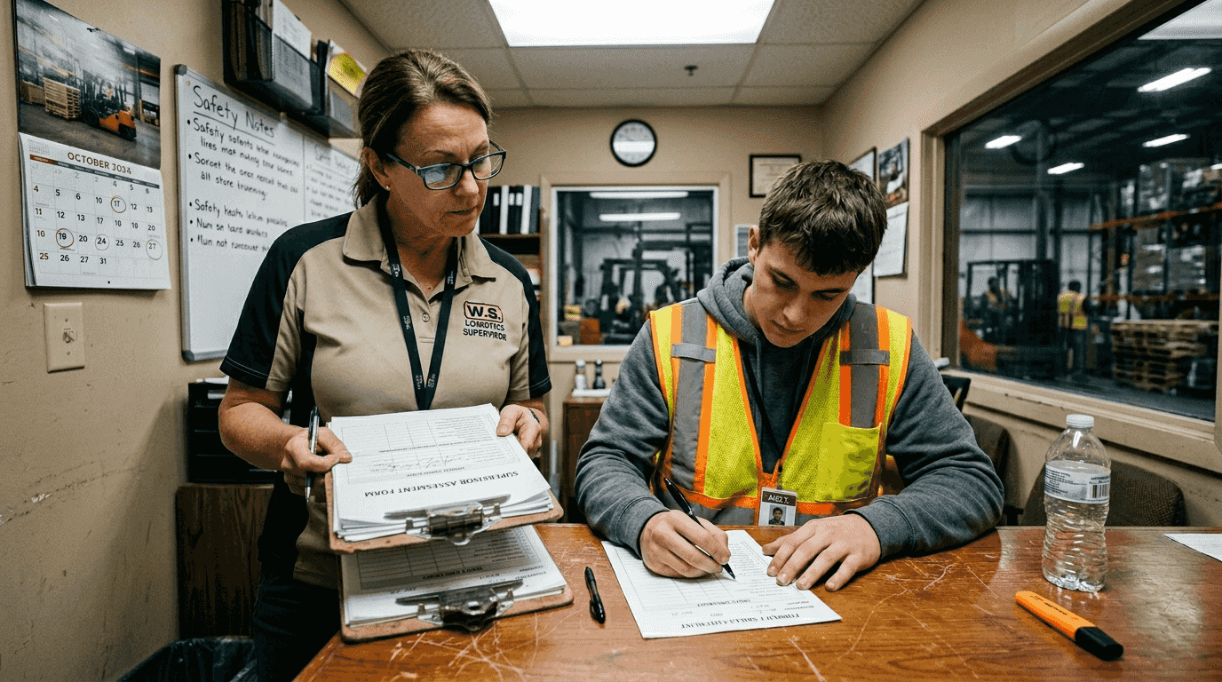Supervisor conducting forklift skills assessment
