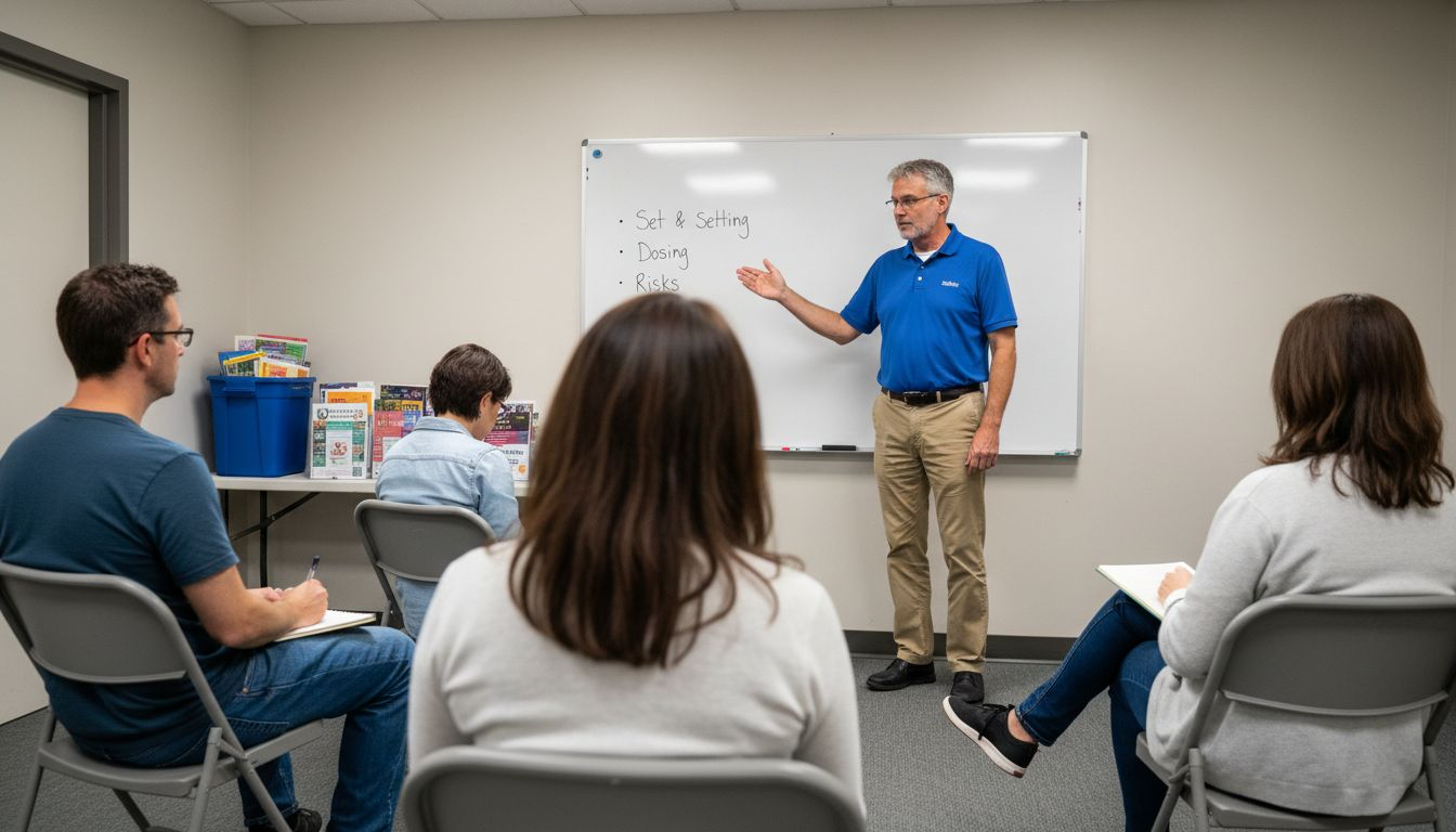 Adult education group learning safe psychedelic use