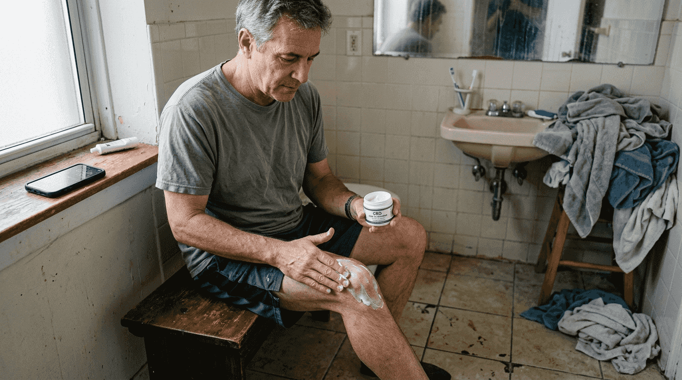 Man applying CBD cream to knee