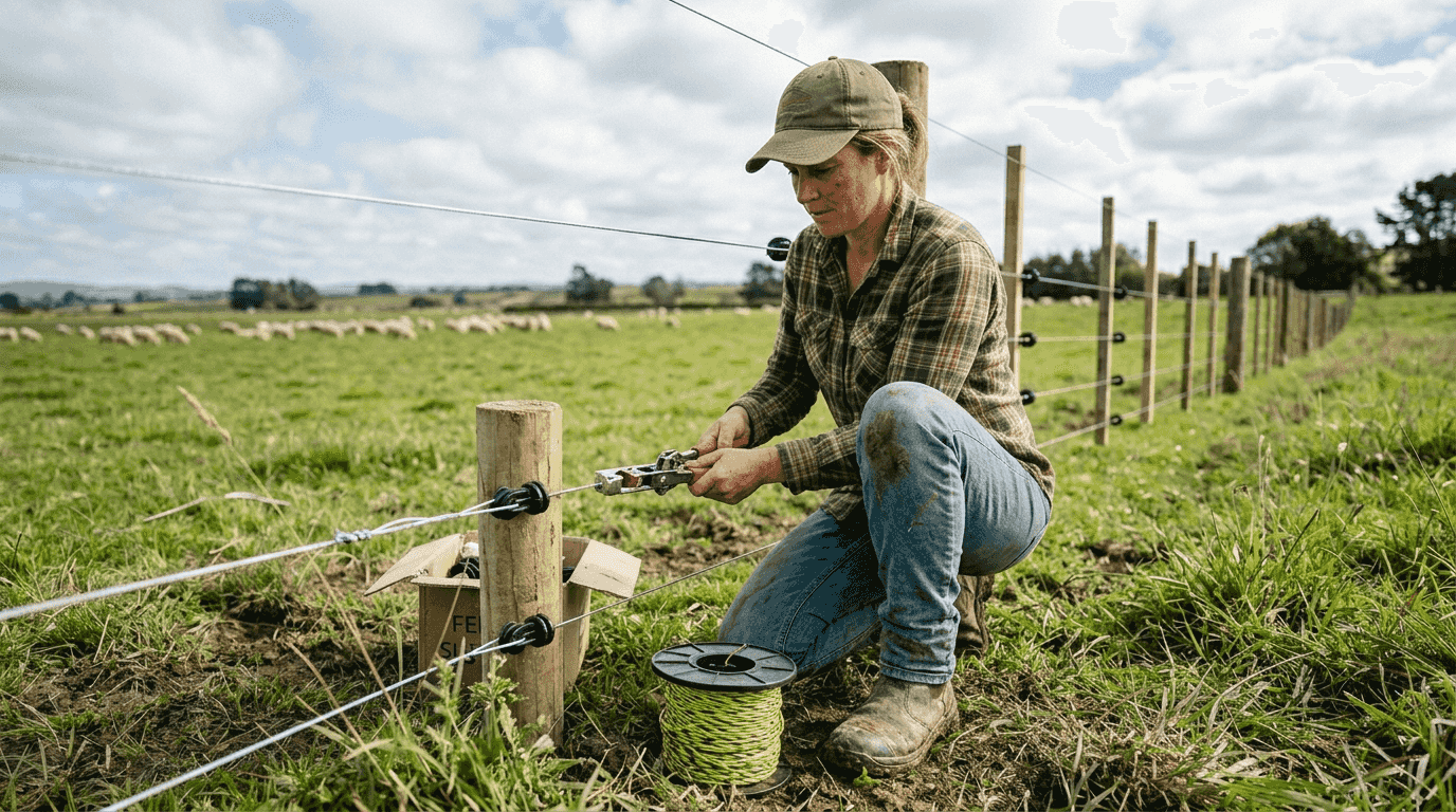 Woman installing electric wire horse fencing