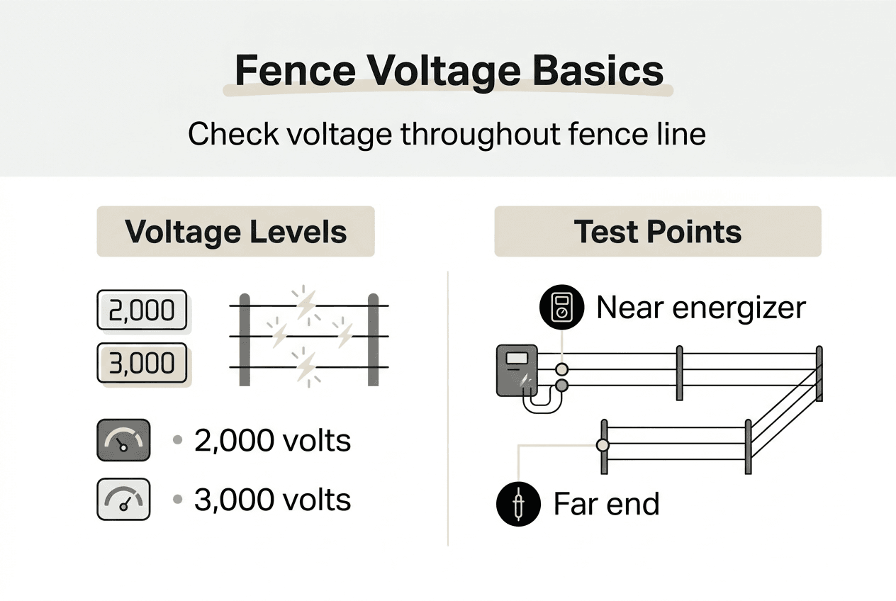 Infographic showing horse fence voltage check steps