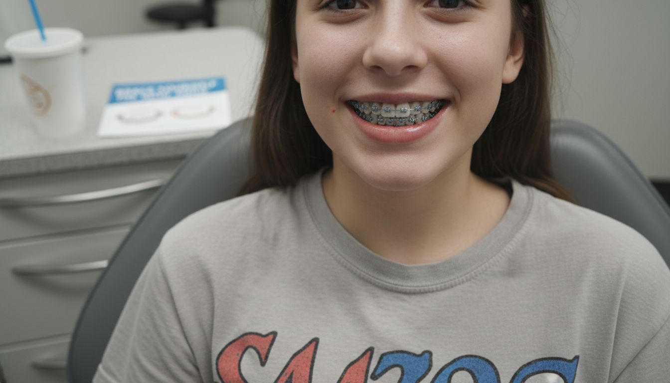 Teenager showing metal and ceramic braces comparison