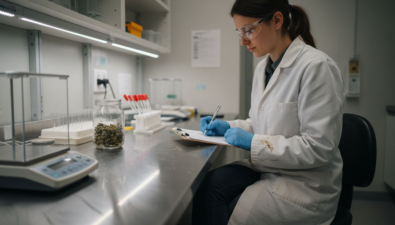 Lab technician recording cannabis test results