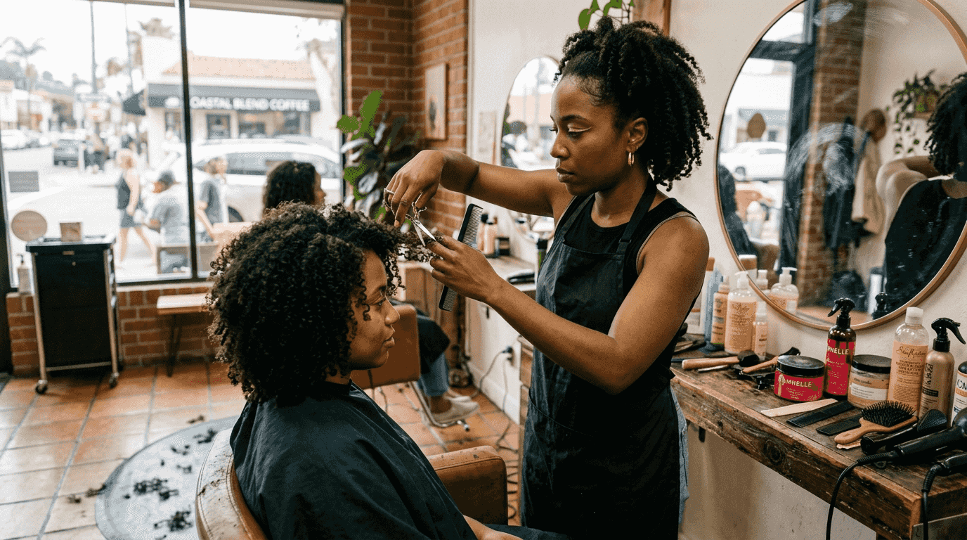 Black hairstylist trimming natural curls in salon