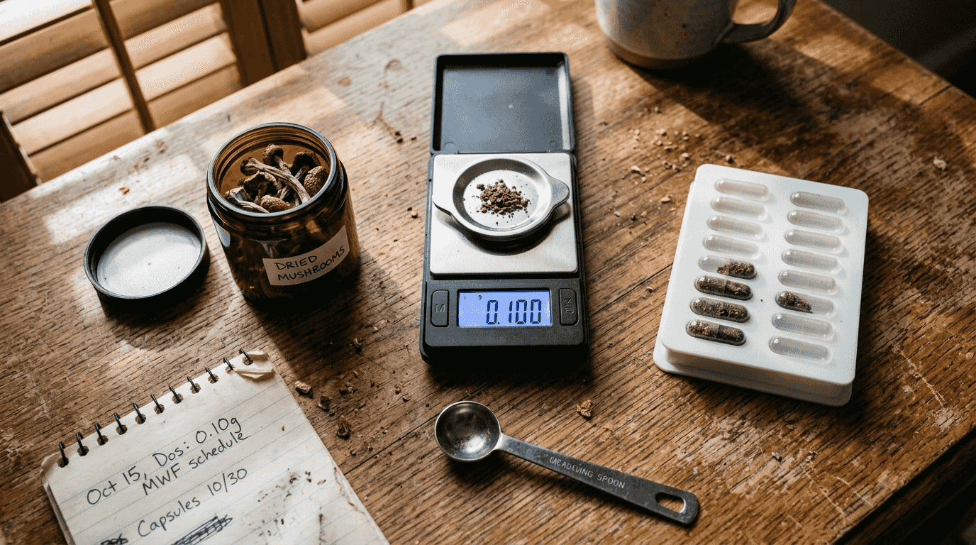 Essential tools for microdosing on wood table