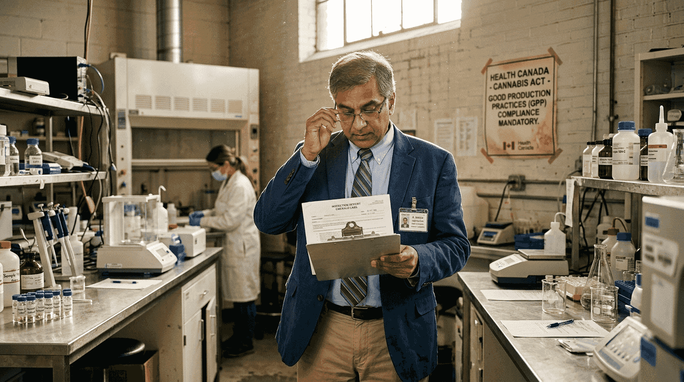 Inspector reviews paperwork in cannabis test lab