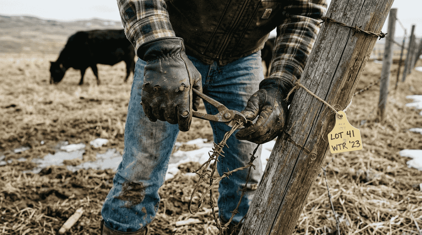 Hands repairing barbed wire on leaning fence post