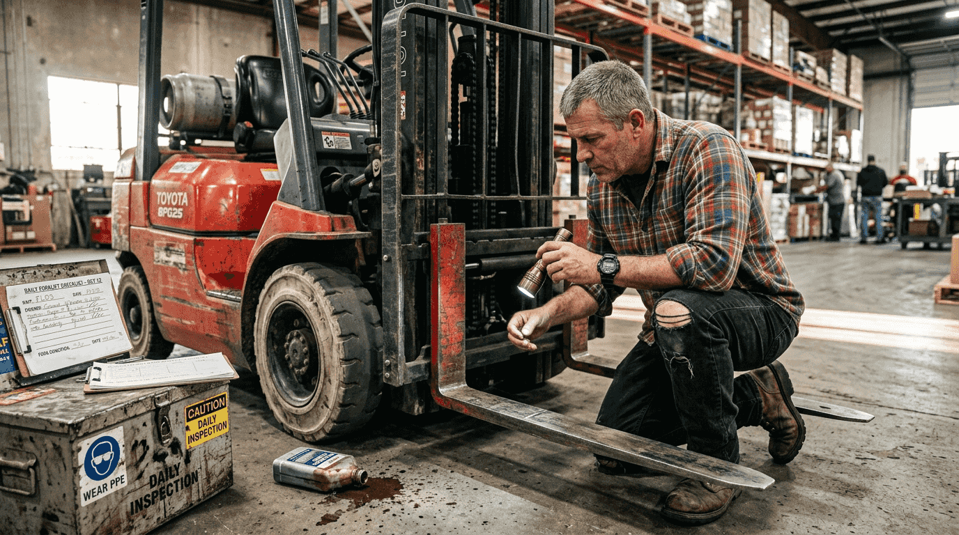 Supervisor inspecting forklift forks for damage