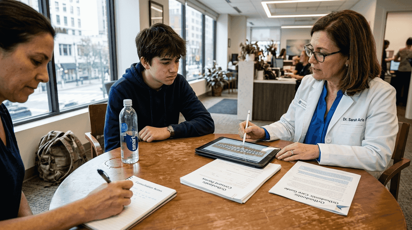 Patient and orthodontist reviewing treatment diagram