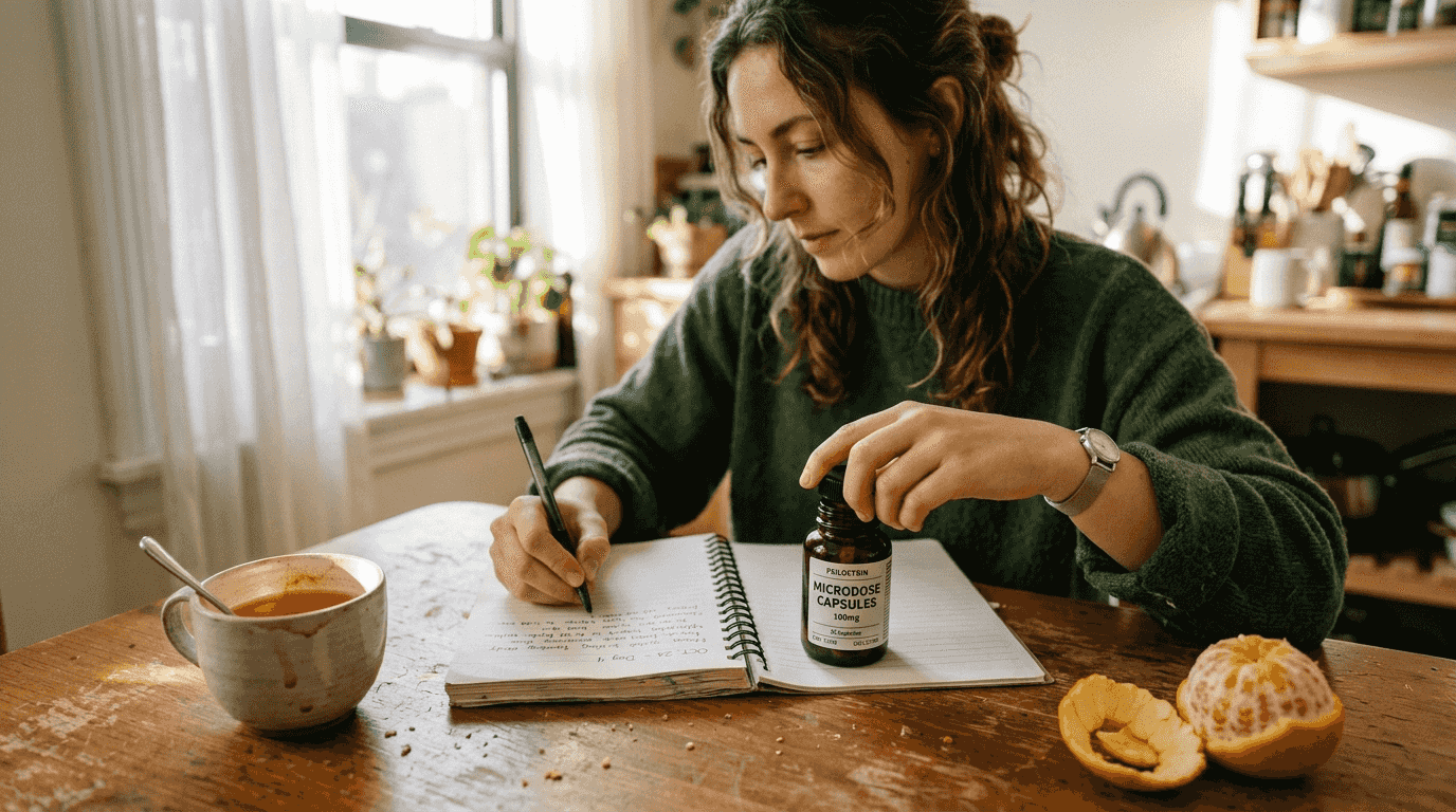 Person journaling while preparing microdose capsules