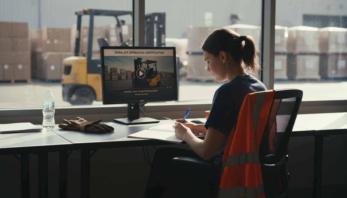 Worker studying forklift training at warehouse station