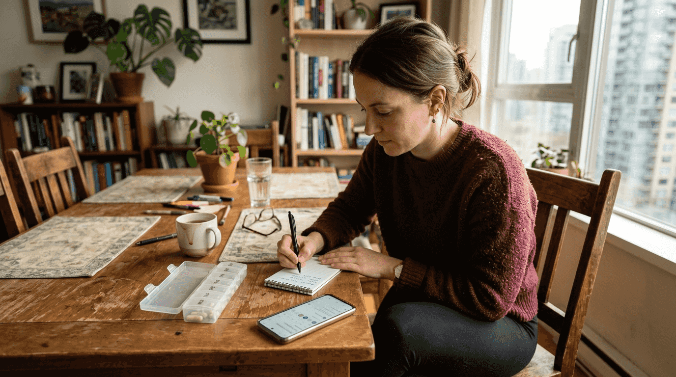 Woman logging microdosing session at table