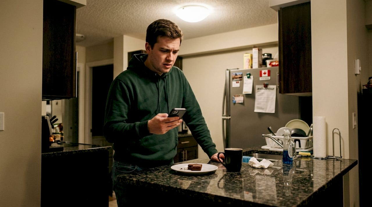 Nervous cannabis user referencing phone in kitchen