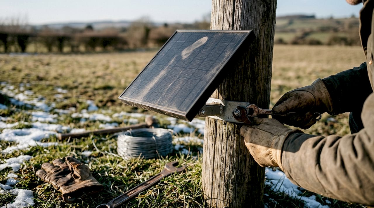 Closeup mounting solar panel to fence post