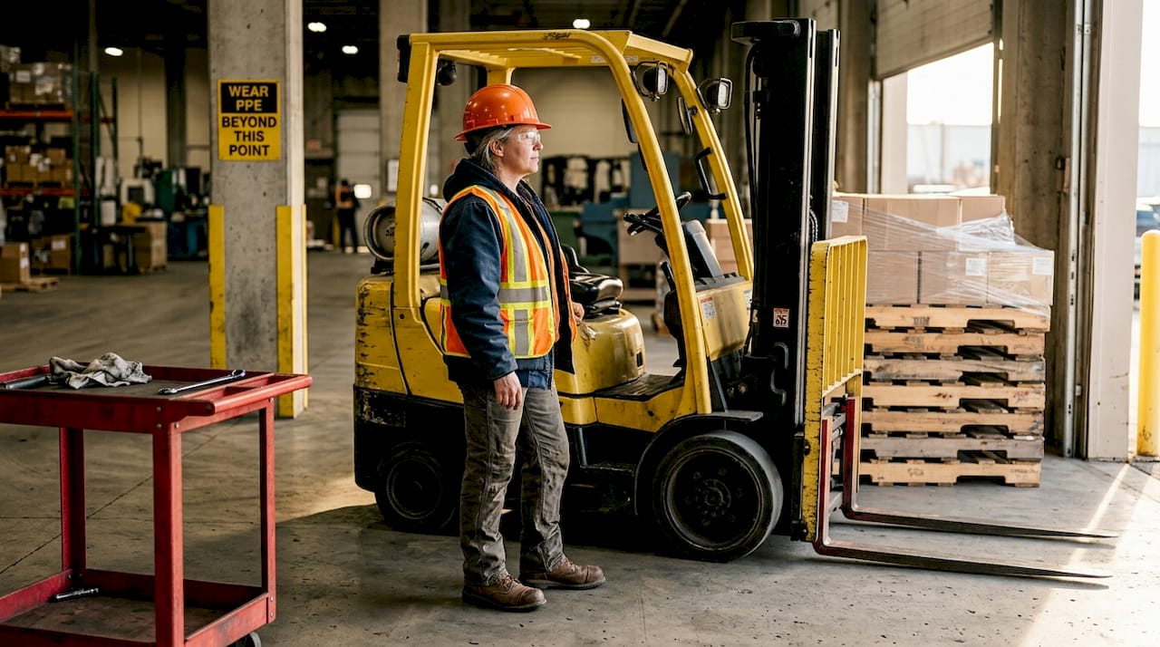 Forklift operator wearing required PPE