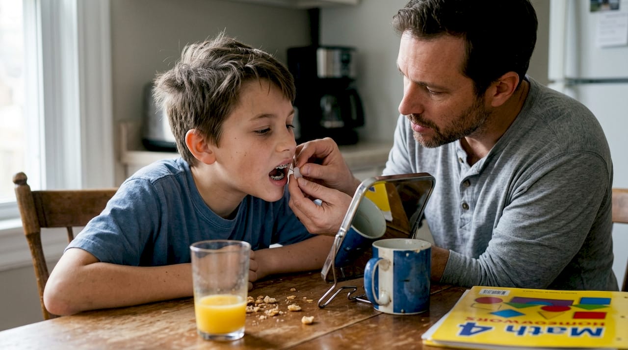 Father applies wax to child’s braces wire at home