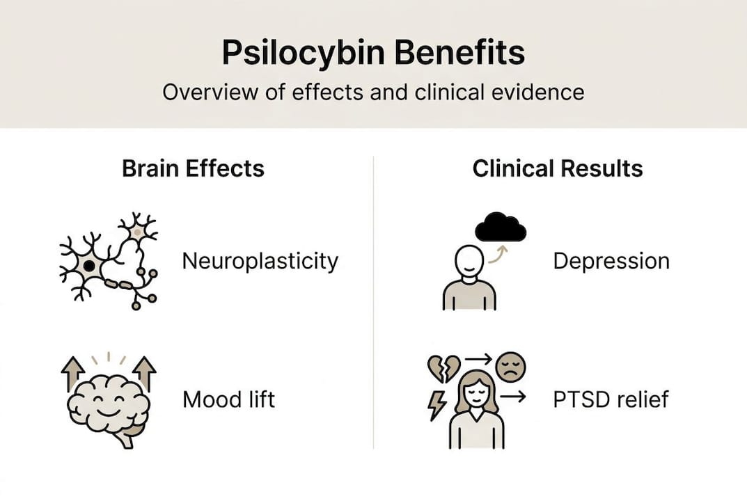 Infographic summarizing psilocybin benefits and effects