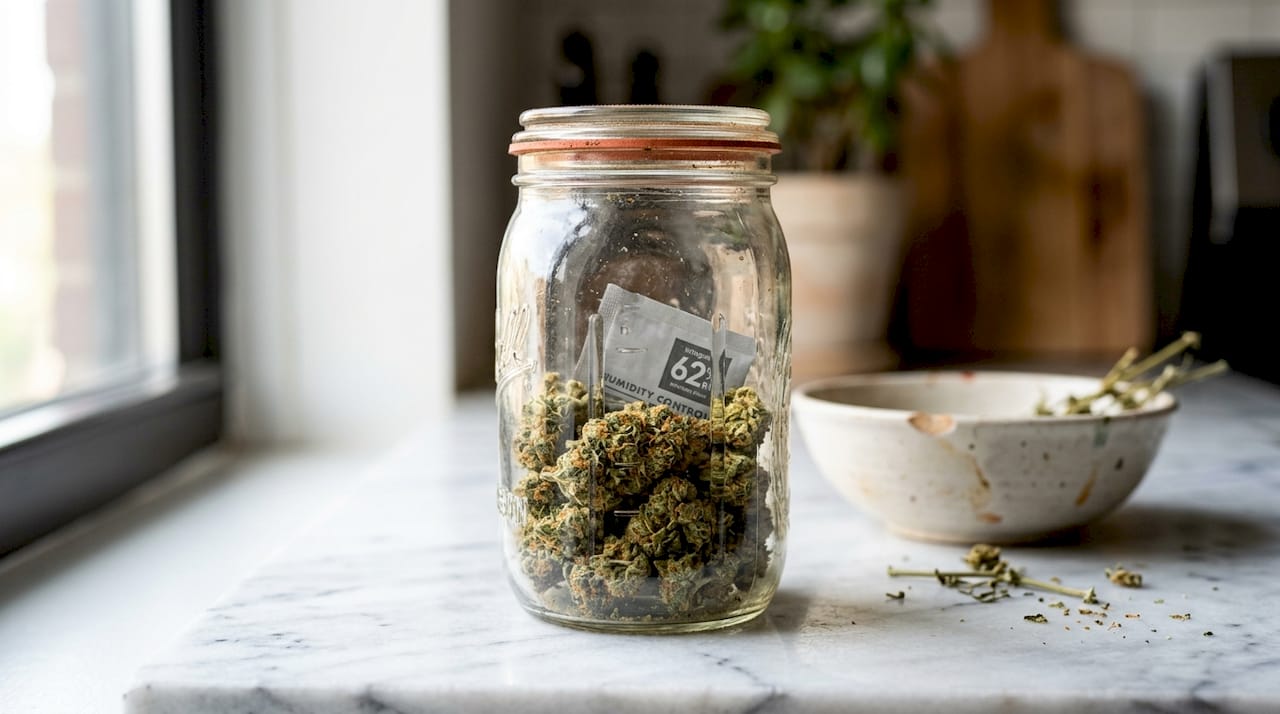 Glass jar cannabis storage on countertop