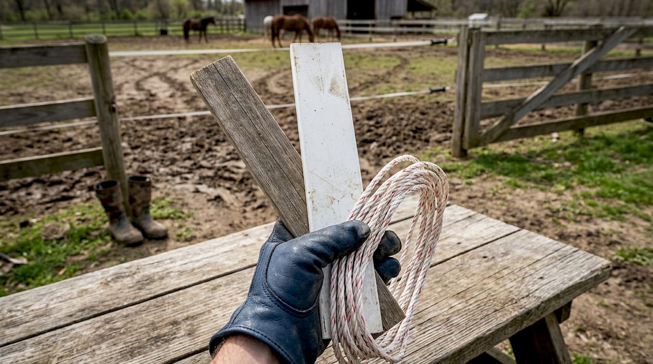 Closeup horse fencing materials with background enclosure