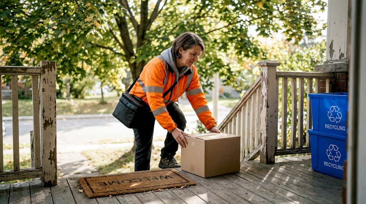 Courier leaving plain box on home porch