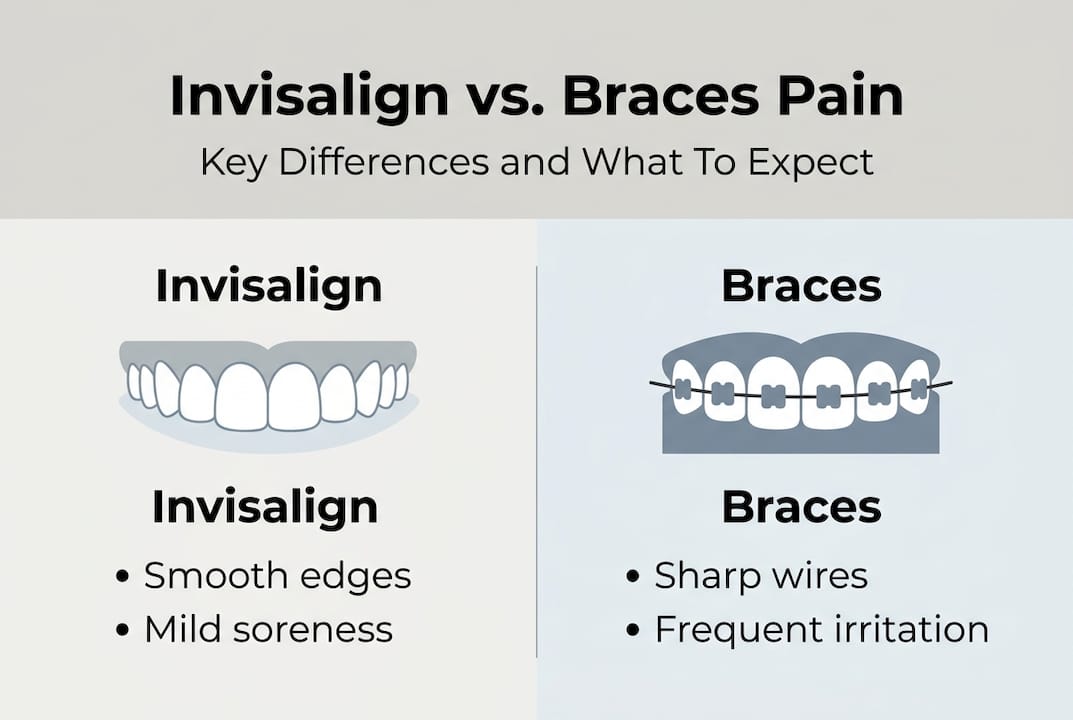 Infographic comparing Invisalign and braces pain