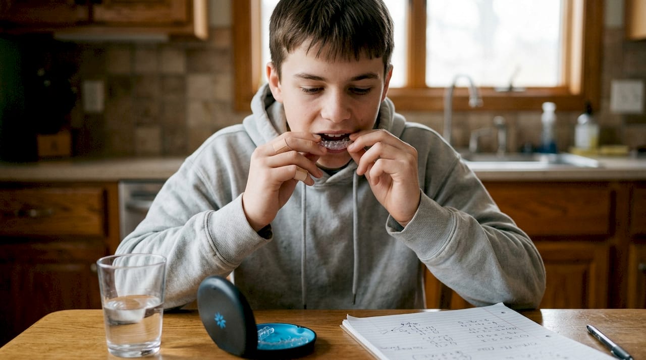 Teen applying Invisalign aligners at kitchen table