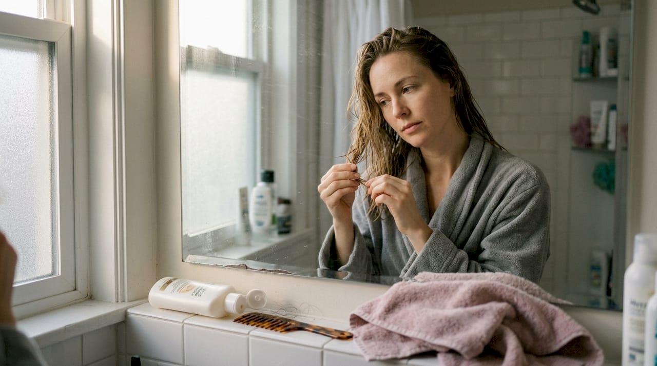 Woman examining hair for split ends