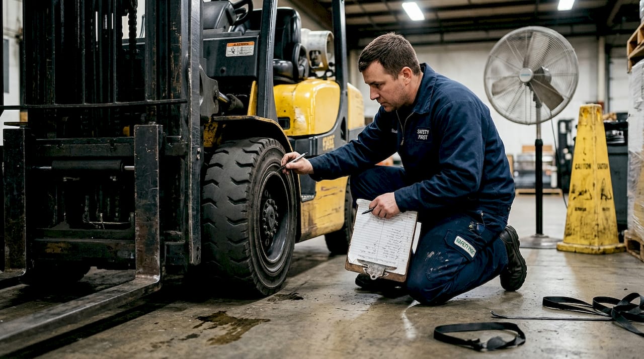 Operator performing forklift pre-use tire check